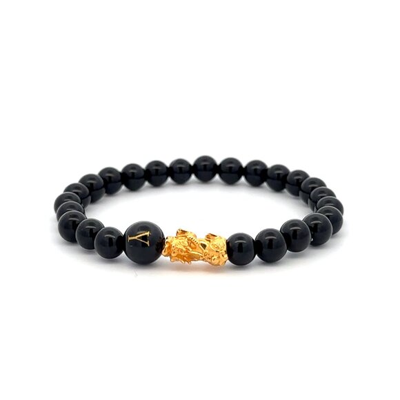 18K Gold Pixiu Piyao Bracelet Gemstones Onyx 6mm Elastic Bracelet Letter Y - Picture 1 of 6